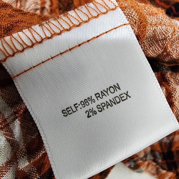 Jane and Delancey Women Shirt Plaid Button Long Tab Sleeve Orange Crinkle Medium - Picture 10 of 12